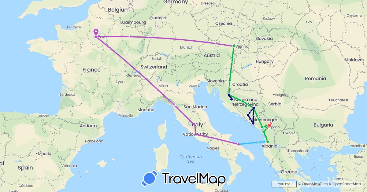 TravelMap itinerary: driving, bus, train, hiking, boat in Albania, Austria, Bosnia and Herzegovina, France, Croatia, Italy, Montenegro, Kosovo (Europe)